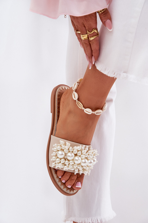 Жіночі Плоскі Сандалі З Декоративними Перлинами Бежеві Aricca