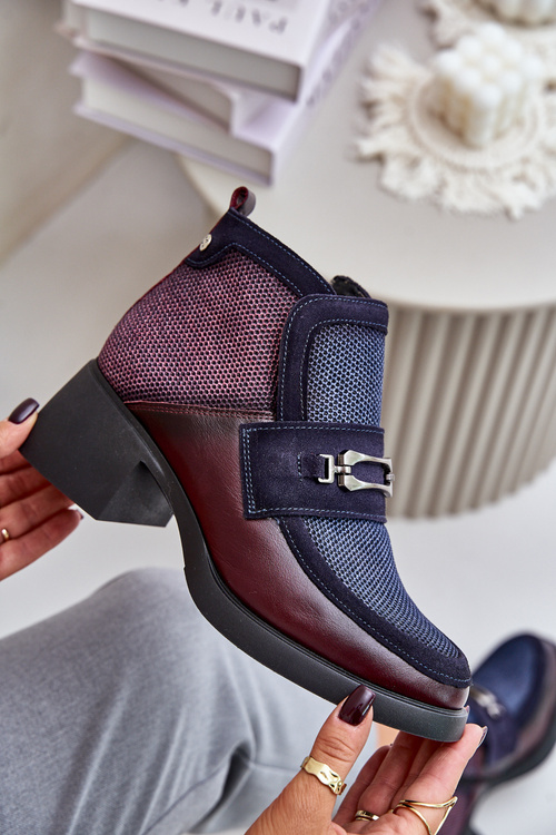 Шкіряні жіночі черевики на масивному каблуці з оздобленням Maciejka A6747-23 Бордово-морський