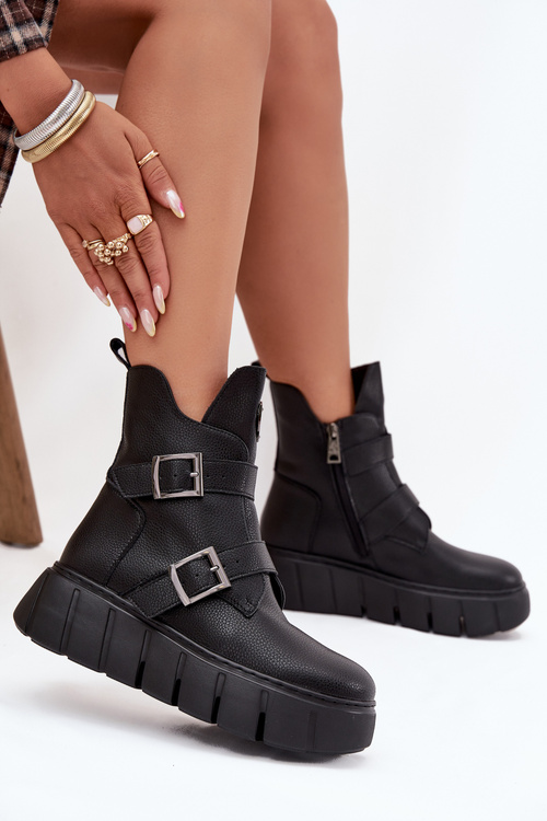 Шкіряні Теплі Жіночі Чоботи На Платформі З Пряжками Vinceza 66842 Чорні