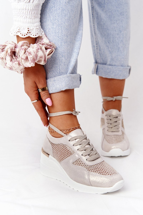 Шкіряні сітчасті кросівки на танкетці S.Barski Gold