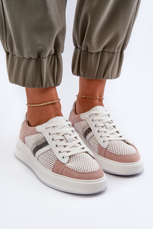 Жіночі шкіряні кросівки D&A LR110 біло-рожеві