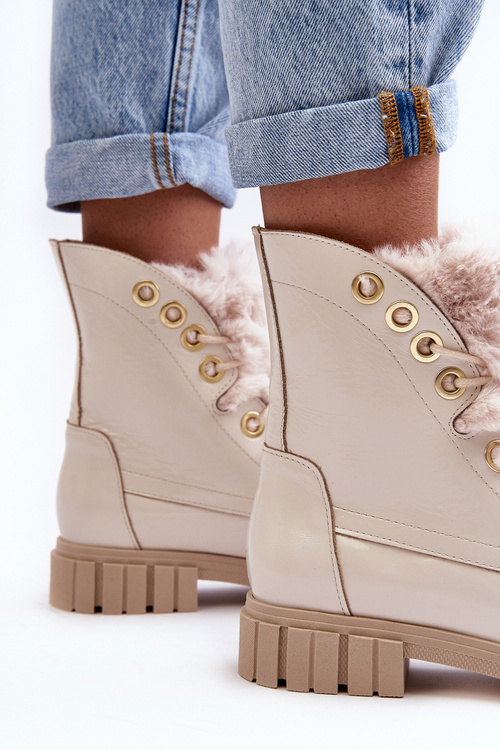 Шкіряні жіночі чоботи зі штучним хутром світло-бежеві Lewski 3296