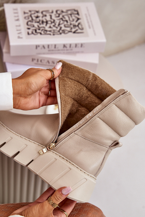 Zazoo 60512 Жіночі шкіряні ботильйони на блискавці, утеплені фетром, світло-бежеві