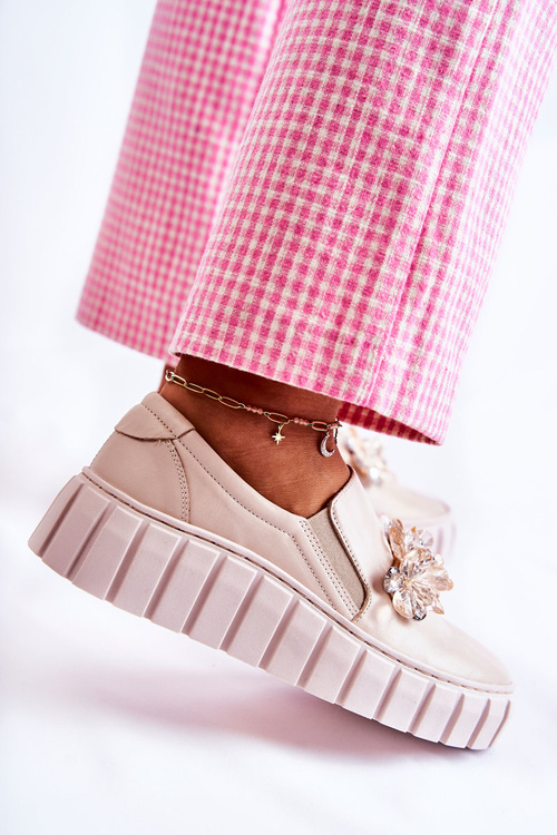 Жіночі шкіряні кросівки сліпони з декором бежеві Mirana