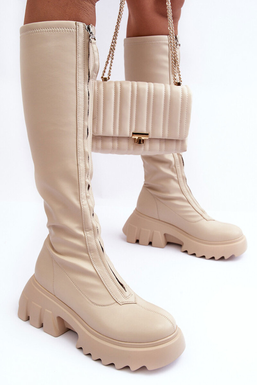Шкіряні ботильйони на масивній платформі на блискавці Бежеве Рінго