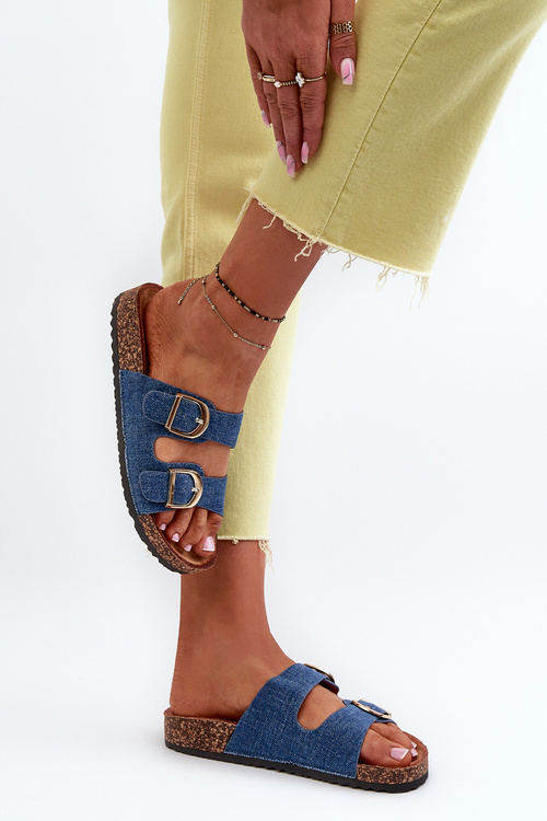 Жіночі джинсові сабо на корковій платформі з темно-синіми лямками Doretta