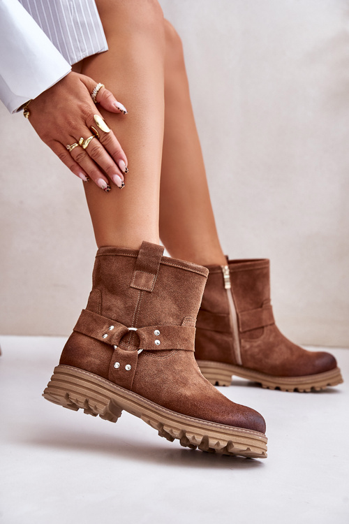 Жіночі замшеві ботильйони на плоскій підошві коричневі Lewski 3610