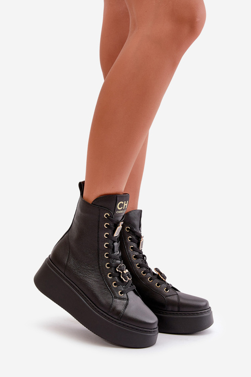 Жіночі шкіряні ботильйони робітники зі шпильками чорні CheBello 4294