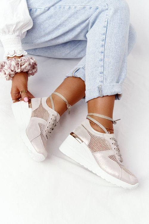 Шкіряні сітчасті кросівки на танкетці S.Barski Gold