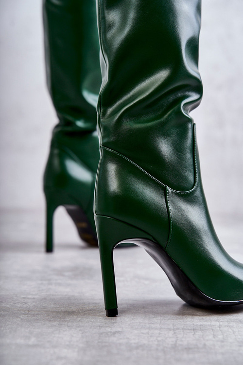 Шкіряні Чоботи На Шпильці Зелена Риса