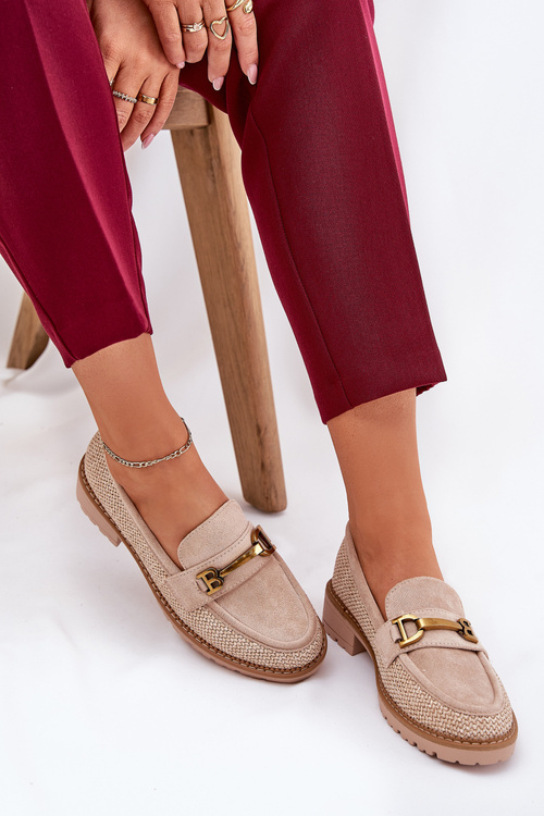 Жіночі мокасини з плетивом і золотим деталем бежеві Seffolia
