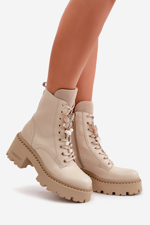 Шкіряні робочі ботильйони жіночі з метеликом, бежевий CheBello 4590
