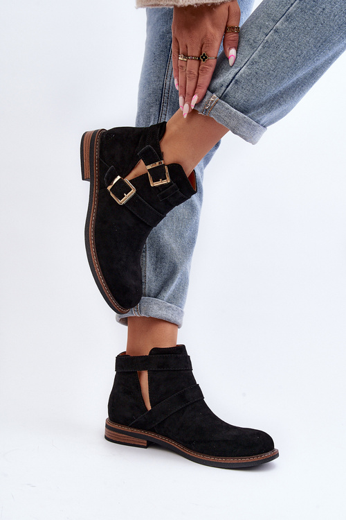 Жіночі ботильйони на плоскій підошві з ремінцями чорного кольору Melviana