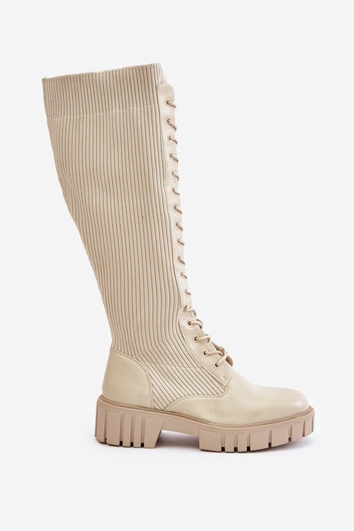 Жіночі чоботи-шкарпетки зі шнурівкою на плоскому каблуці бежеві Vamisha