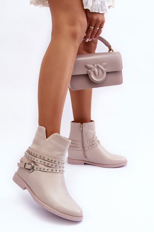 Жіночі шкіряні чоботи з декором на плоскому каблуці бежеві Adkrana