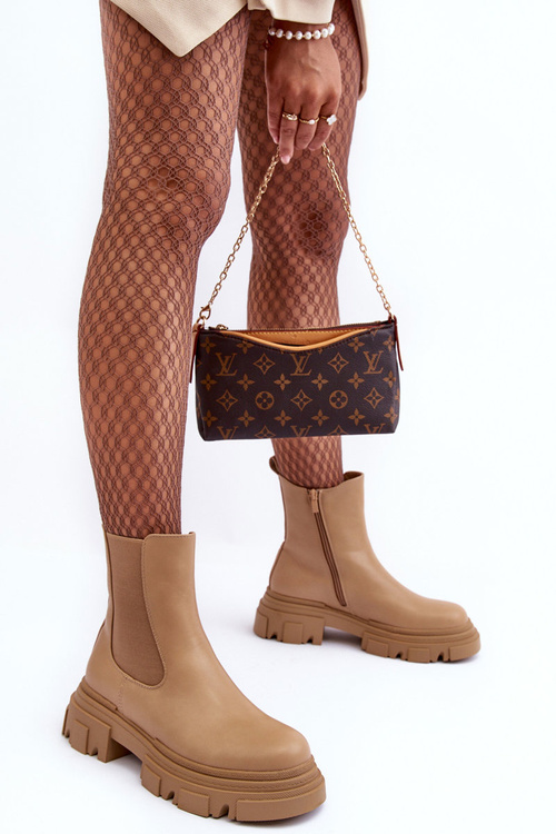 Шкіряні ботильйони на плоскій каблуці та платформі бежеві соліти