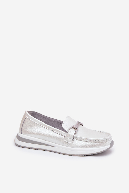 Шкіряні Жіночі Мокасини З Декором D&A LR51-966 Сріблясті