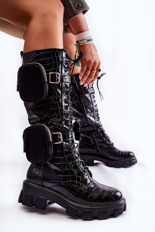 Утеплені високі чоботи з гаманцями та тваринним візерунком Чорні військові