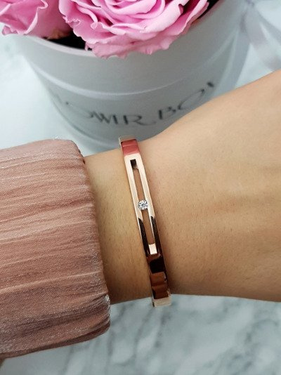 Жіночий сталевий браслет з цирконієвим кристалом рожевого золота