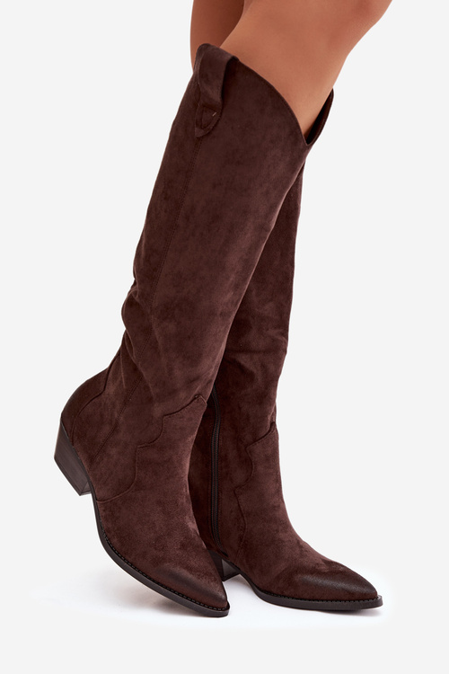 Еко замшеві чоботи ковбойки жіночі на підборах шоколадні Jenaya