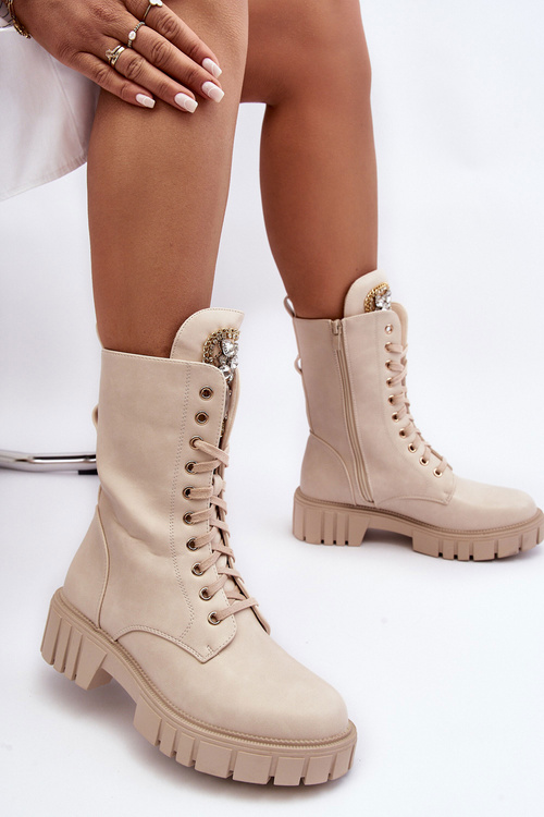 Шкіряні ботильйони з ювелірним декором бежеві Marx