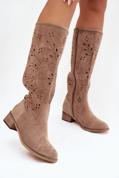 Ажурні жіночі чоботи на підборах бежеві Helinna