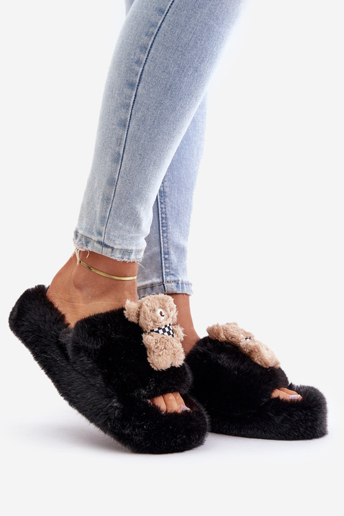 Жіночі тапочки зі штучного хутра з ведмедиком Чорні Румунія