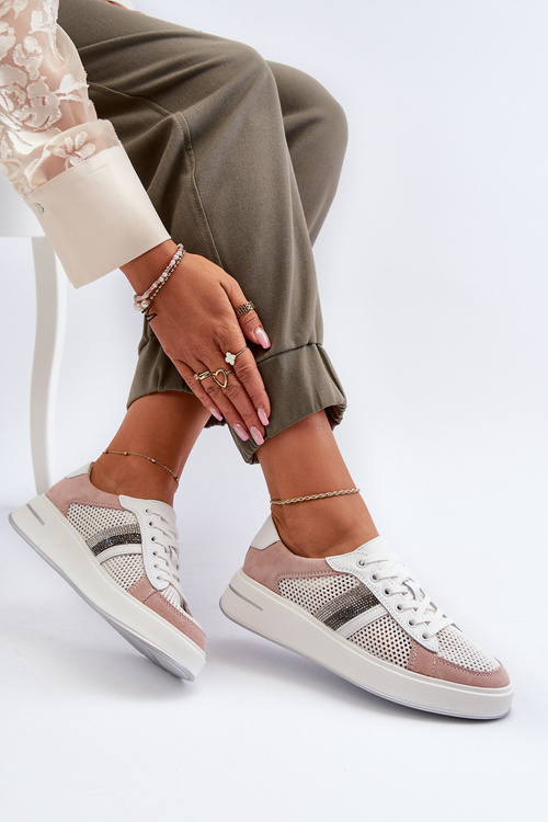 Жіночі шкіряні кросівки D&A LR110 біло-рожеві