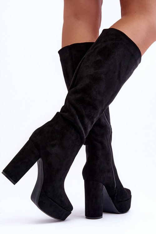 Чоботи вище коліна на підборах і платформі Чорні Baldrema