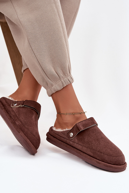 Жіночі капці з ремінцем Теплі з хутром Шоколадні Rilena