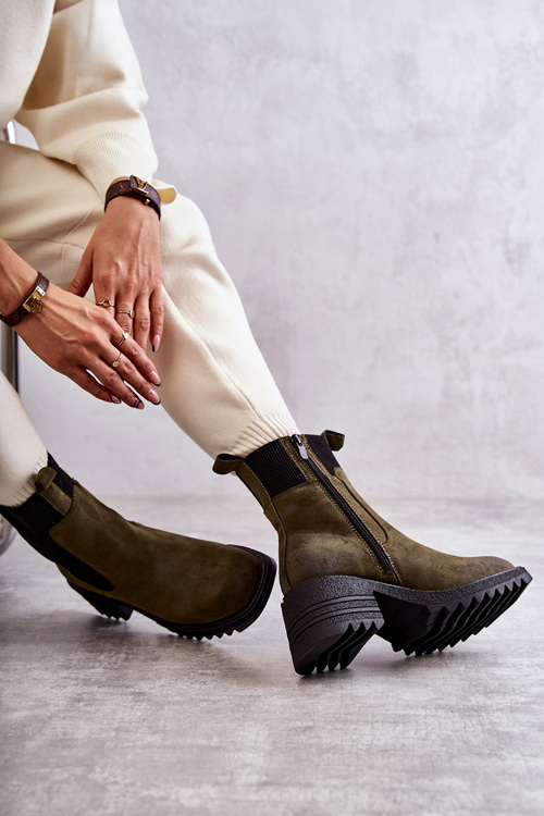 Жіночі теплі черевики на підборах зелені Abella