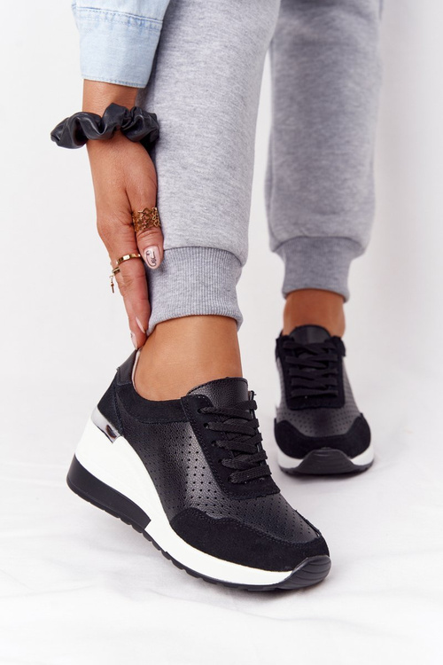 Ажурні шкіряні кросівки на танкетці S.Barski Чорні