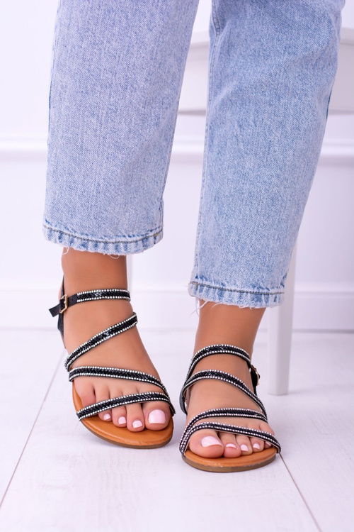 Чорні жіночі босоніжки з цирконами Ferragosto