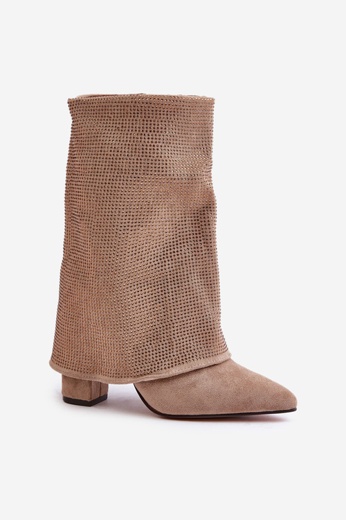 Декоровані блискучі ботильйони з точеним носком на каблуці, утеплені, бежевого кольору Xistaria
