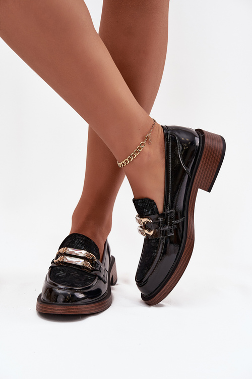 Шкіряні лаковані жіночі мокасини з окремим деталем D&A MR52-173 Чорний