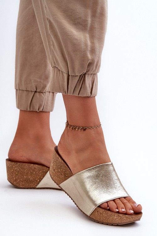 Zazoo 40289 Шкіряні жіночі сабо на пробковій танкетці, золото