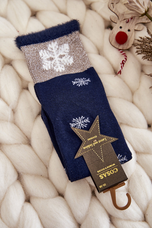 Шкарпетки жіночі довгі зі сніжками темно-сині