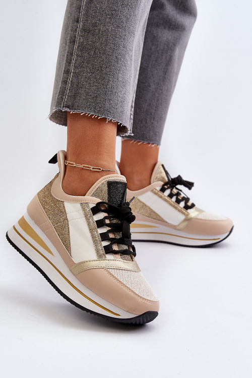Жіночі кросівки на танкетці з платформою та парчовим золотим рафані