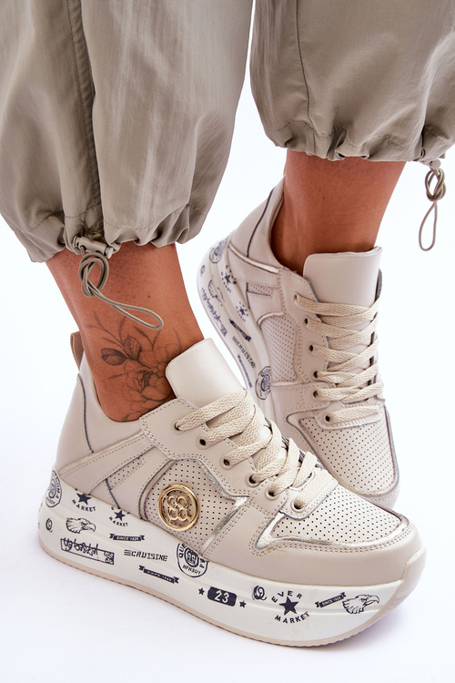 Жіночі шкіряні кросівки на масивній платформі бежеві Asturia