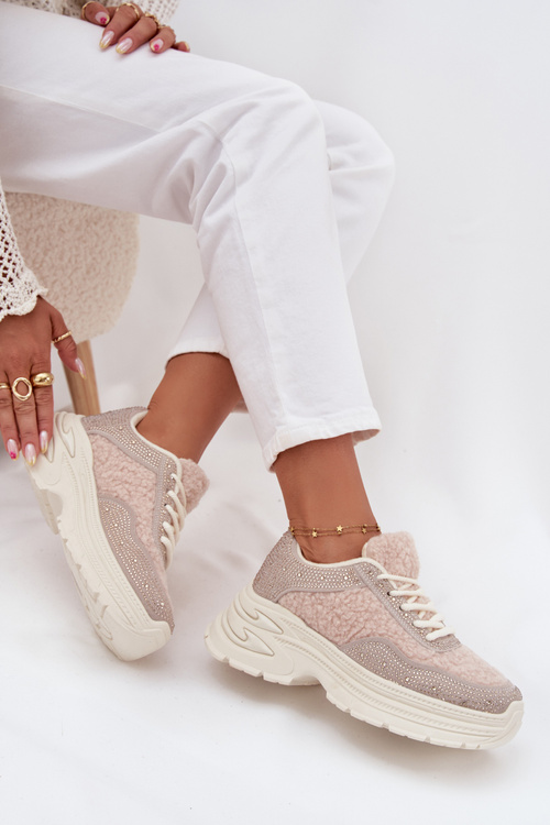 Жіночі Кросівки З Цирконіями Та Овечим Пухом Світло-бежеві Zarika