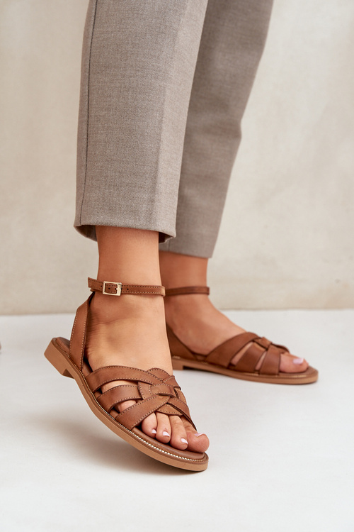 Шкіряні Жіночі Сандалі На Плоскому Каблуці Zazoo 3688 Camel