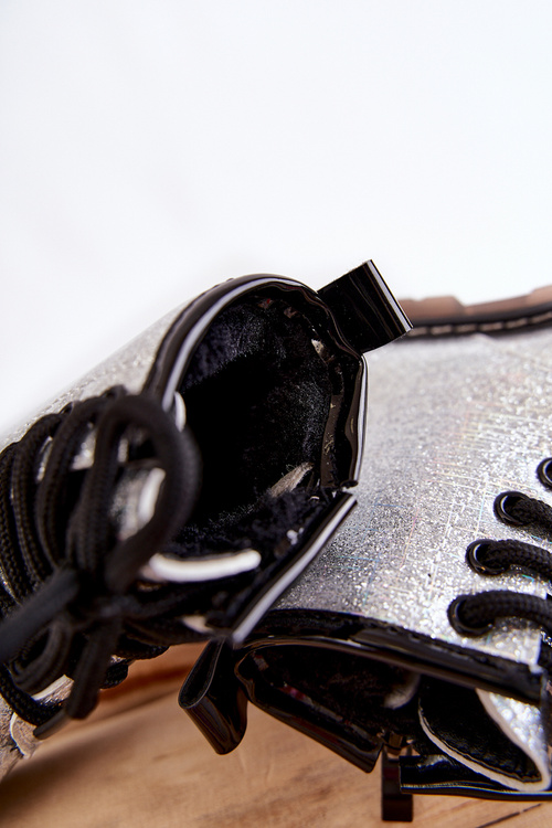 Дитячі утеплені черевики на блискавці, лаковані сріблясті Goopy