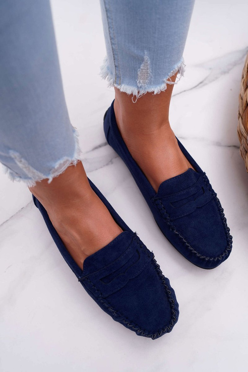 Жіночі мокасини темно-сині замшеві болеро