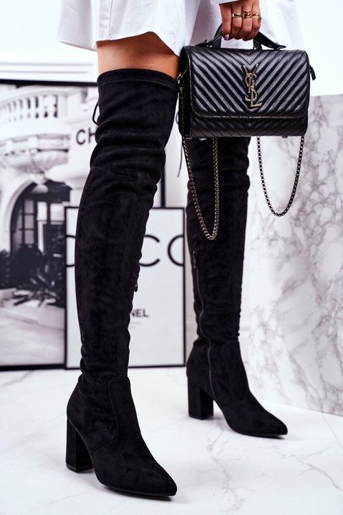 Жіночі високі чоботи на блочному каблуці замшеві чорні Milwa