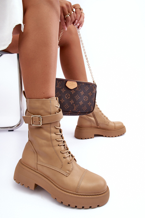 Шкіряні чоботи на плоскому каблуці та застібці Бежеві Самивло