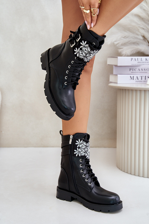 Утеплені робочі черевики з декоративним ремінцем і пряжками чорного кольору Viveria