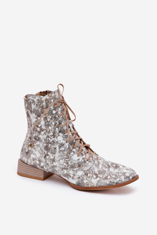 Шкіряні Візерункові Чоботи На Плоскому Каблуці Maciejka 06391-25 Бежеві