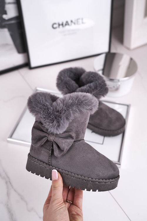 Дитячі снігові черевики з хутром і бантом сірі Vella