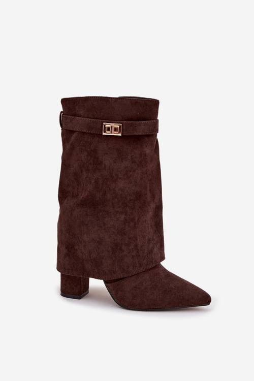 Теплі жіночі чоботи на каблуці з оздоблювальним ремінцем шоколадний Luvielle