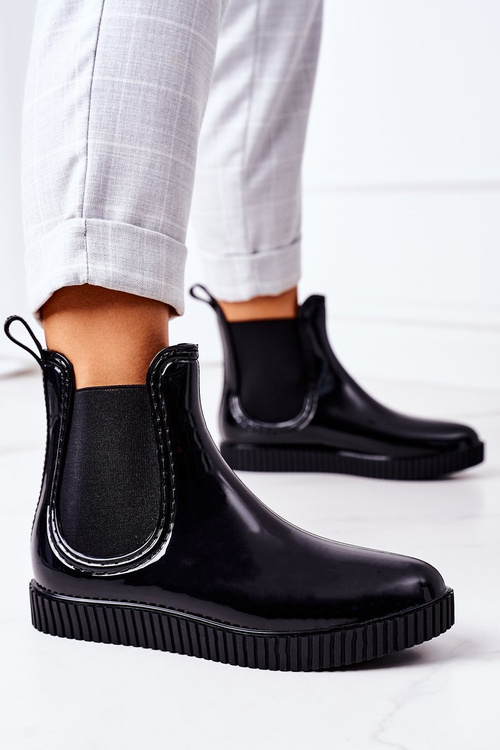 Блискучі гумові чоботи калоші на платформі чорний водоспад